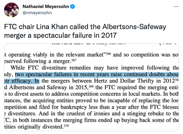 FTC chair Lina Khan called the Albertsons-Safeway merger a spectacular failure in 2017