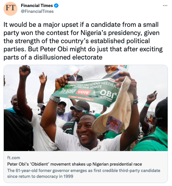 It would be a major upset if a candidate from a small party won the contest for Nigeria’s presidency