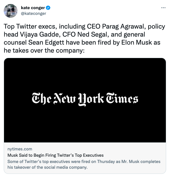 Top Twitter execs, including CEO Parag Agrawal, policy head Vijaya Gadde, CFO Ned Segal, and general counsel Sean Edgett have been fired by Elon Musk as he takes over the company
