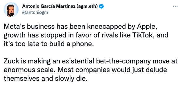 Meta's business has been kneecapped by Apple, growth has stopped in favor of rivals like TikTok, and it's too late to build a phone.