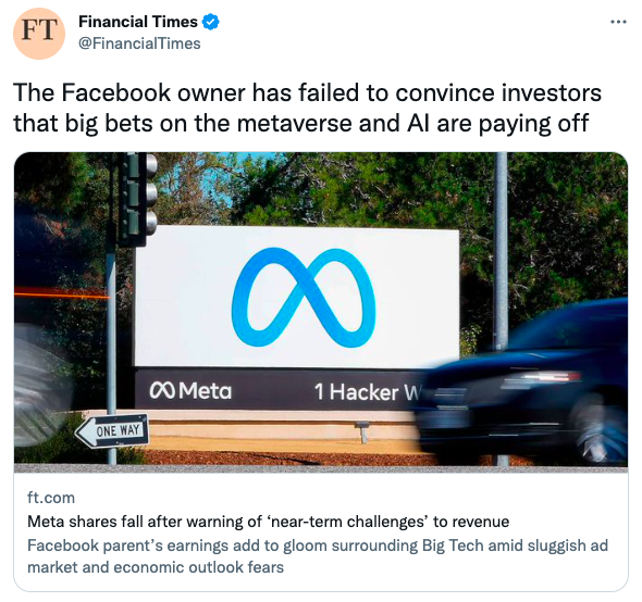 The Facebook owner has failed to convince investors that big bets on the metaverse and AI are paying off