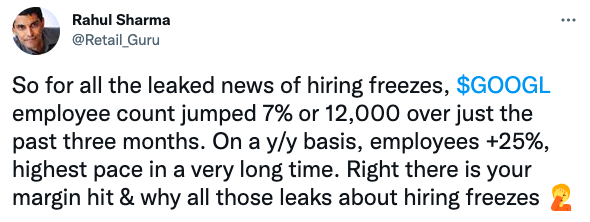 So for all the leaked news of hiring freezes, $GOOGL employee count jumped 7% or 12,000 over just the past three months.
