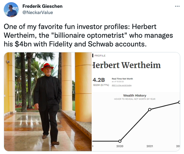 One of my favorite fun investor profiles: Herbert Wertheim, the "billionaire optometrist" who manages his $4bn with Fidelity and Schwab accounts.