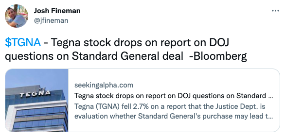 Tegna stock drops on report on DOJ questions on Standard General deal