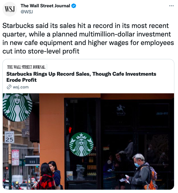 Starbucks said its sales hit a record in its most recent quarter