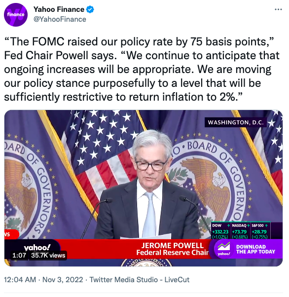 “The FOMC raised our policy rate by 75 basis points,” Fed Chair Powell says.