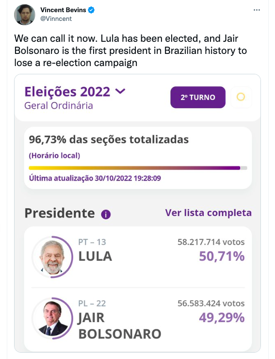 Lula has been elected, and Jair Bolsonaro is the first president in Brazilian history to lose a re-election campaign