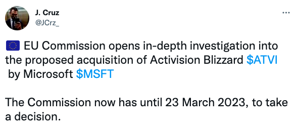 EU Commission opens in-depth investigation into the proposed acquisition of Activision Blizzard $ATVI by Microsoft $MSFT