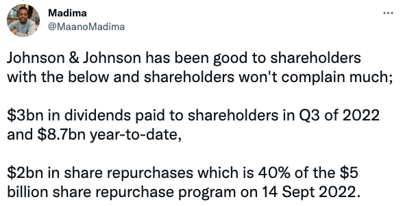 Johnson & Johnson has been good to shareholders with the below and shareholders won't complain much