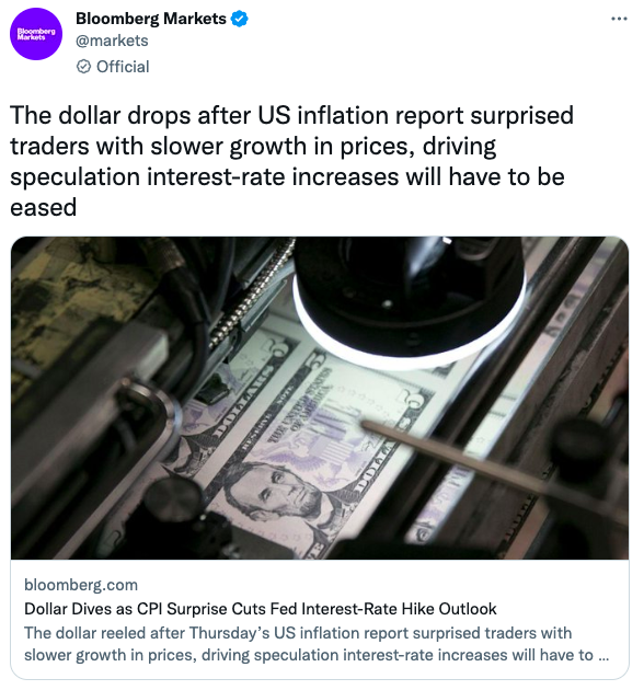 The dollar drops after US inflation report surprised traders with slower growth in prices, driving speculation interest-rate increases will have to be eased