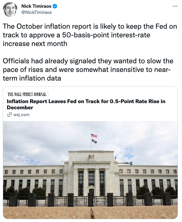 The October inflation report is likely to keep the Fed on track to approve a 50-basis-point interest-rate increase next month