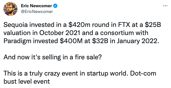 Sequoia invested in a $420m round in FTX at a $25B valuation in October 2021 and a consortium with Paradigm invested $400M at $32B in January 2022