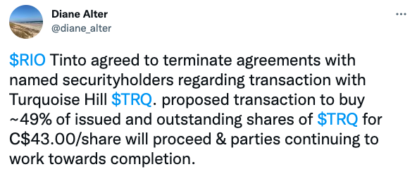 $RIO Tinto agreed to terminate agreements with named securityholders regarding transaction with Turquoise Hill $TRQ.