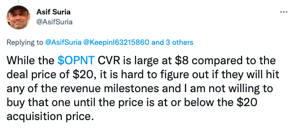 While the $OPNT CVR is large at $8 compared to the deal price of $20, it is hard to figure out if they will hit any of the revenue milestones