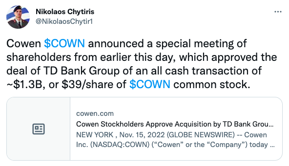 Cowen $COWN announced a special meeting of shareholders from earlier this day