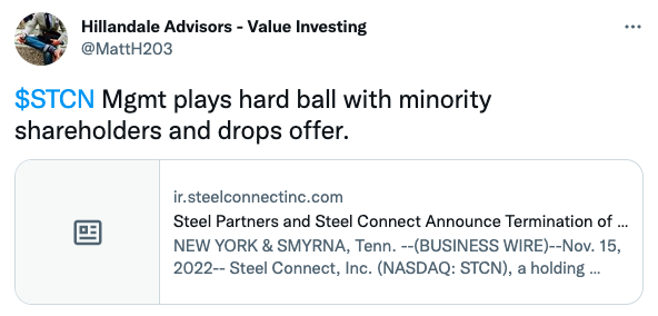 $STCN Mgmt plays hard ball with minority shareholders and drops offer.