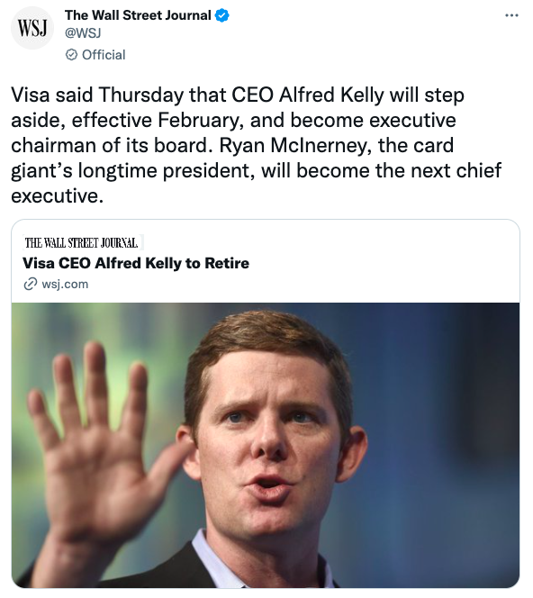 Visa said Thursday that CEO Alfred Kelly will step aside