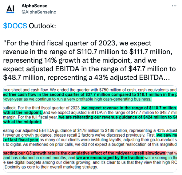 $DOCS Outlook: "For the third fiscal quarter of 2023, we expect revenue in the range of $110.7 million to $111.7 million