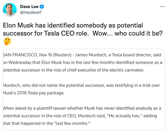 Elon Musk has identified somebody as potential successor for Tesla CEO role. Wow... who could it be?