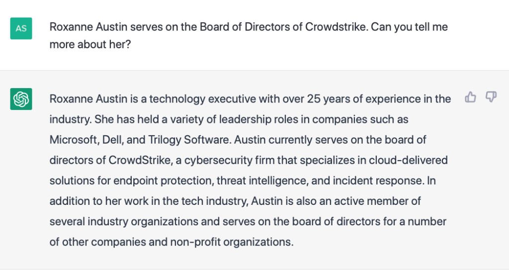 ChatGPT's response about Roxanne Austin