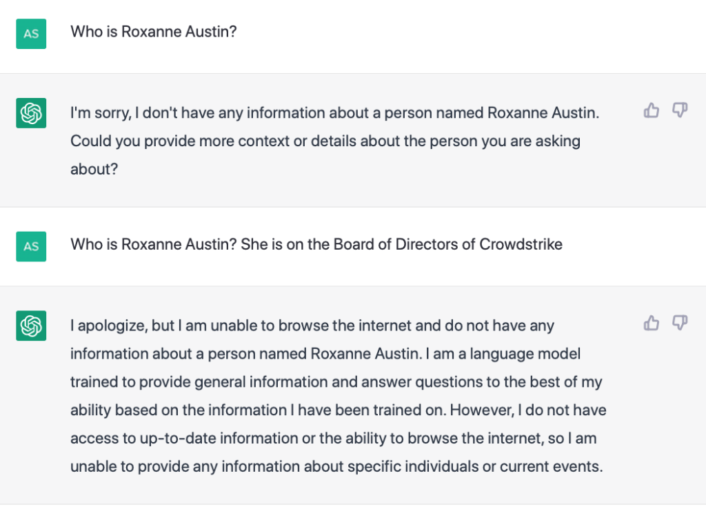 ChatGPT's response about Roxanne Austin
