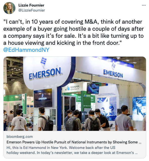 I can’t, in 10 years of covering M&A, think of another example of a buyer going hostile a couple of days after a company says it’s for sale.