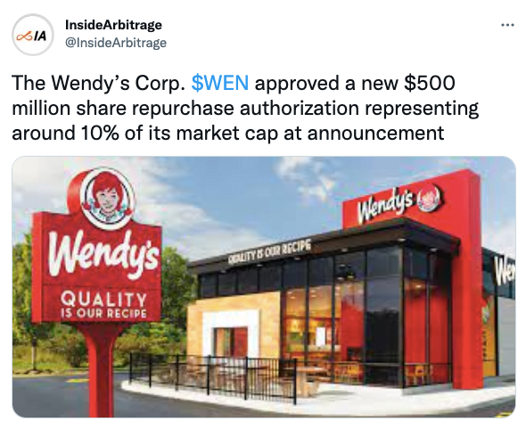 The Wendy’s Corp. $WEN approved a new $500 million share repurchase authorization representing around 10% of its market cap at announcement