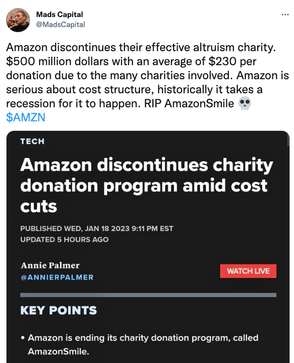Amazon discontinues their effective altruism charity. $500 million dollars with an average of $230 per donation due to the many charities involved.