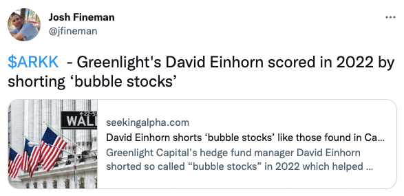 $ARKK - Greenlight's David Einhorn scored in 2022 by shorting ‘bubble stocks’