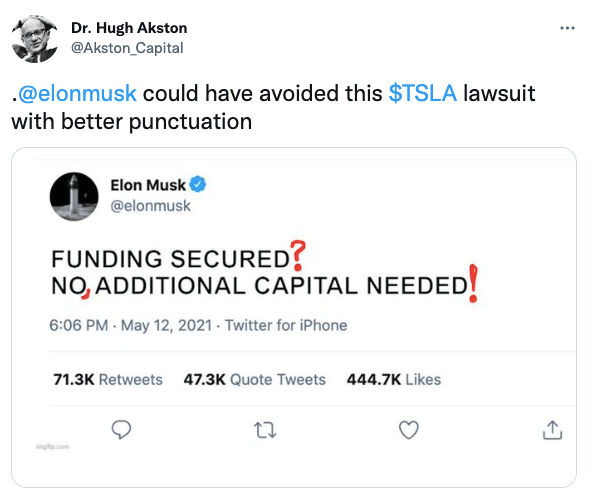 @elonmusk could have avoided this $TSLA lawsuit with better punctuation