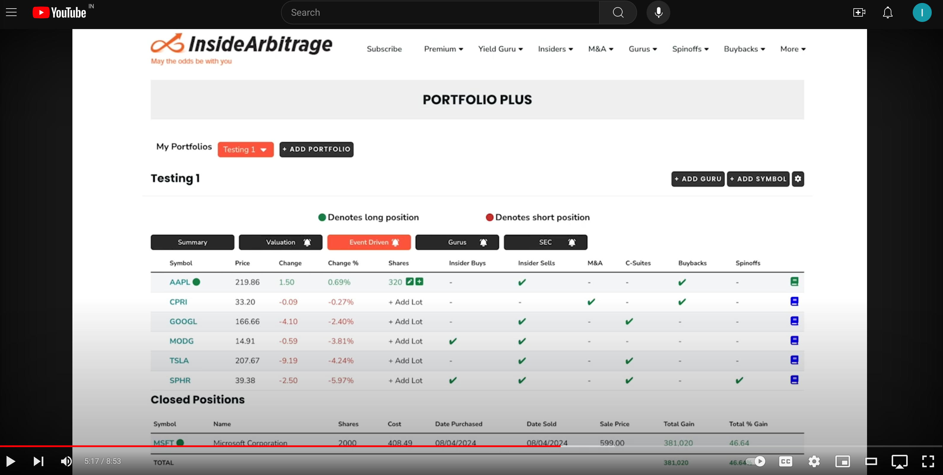 InsideArbitrage My Portfolio Plus