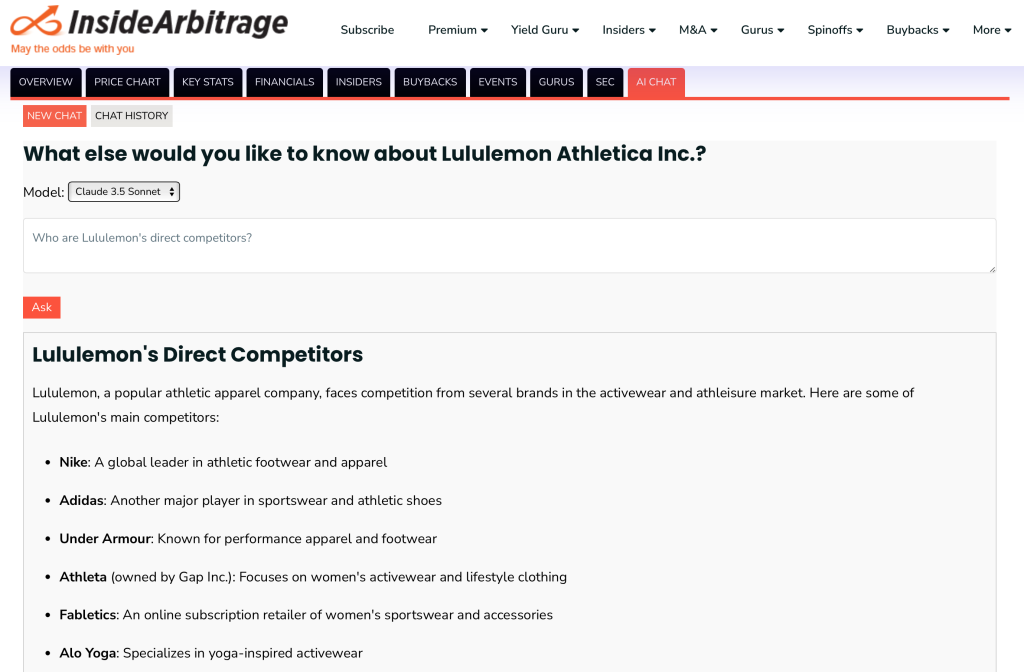 Lululemo InsideArbitrage AI Chat Question