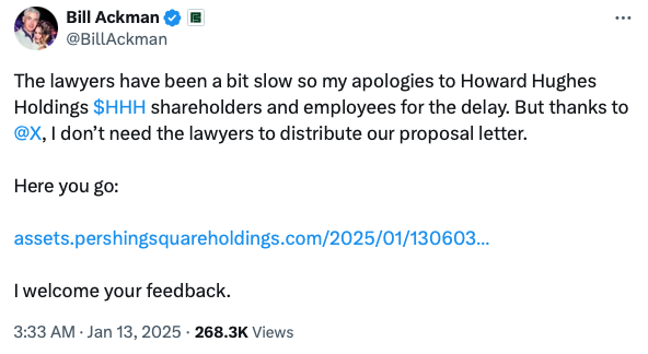 Bill Ackman Howard Hughes Proposal Tweet
