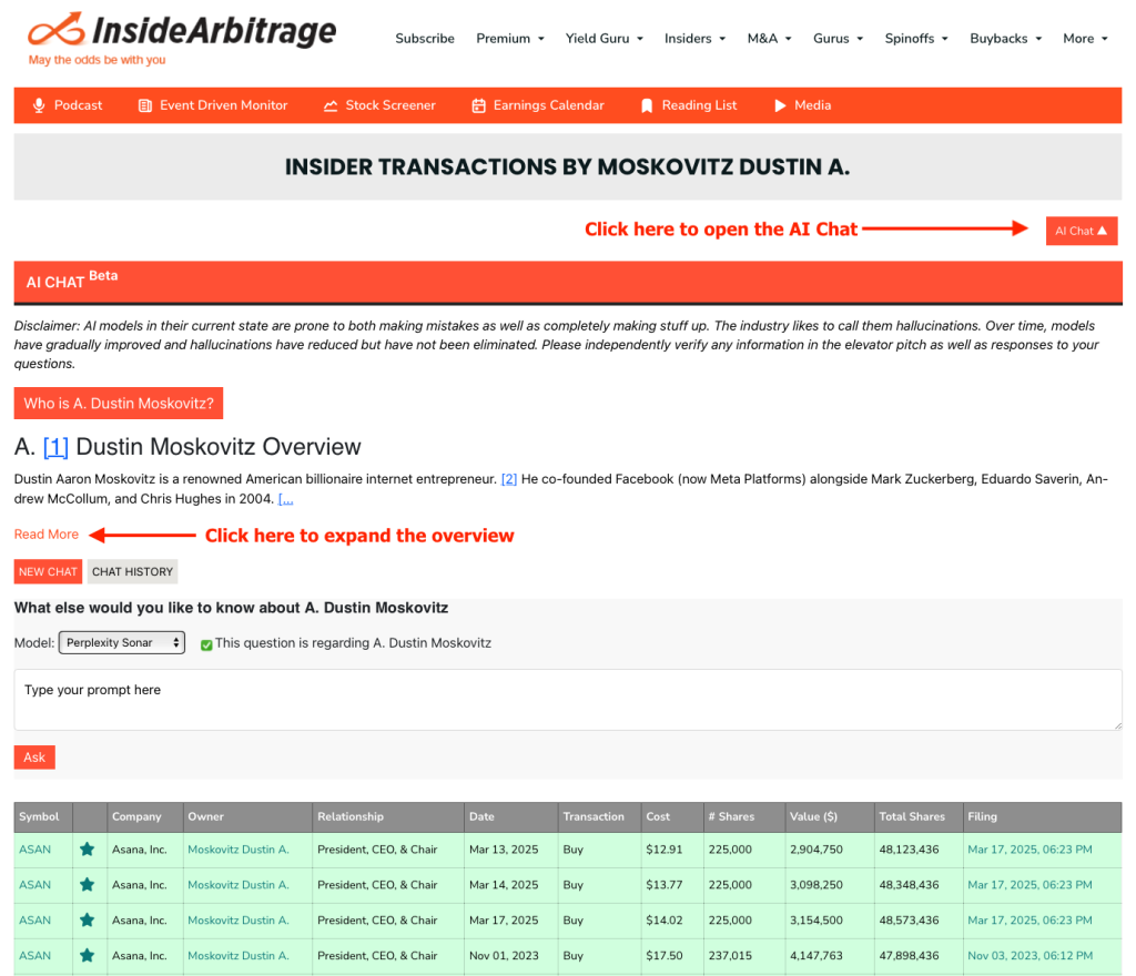 Dustin Moskovitz Asana Insider Purchases March 2025