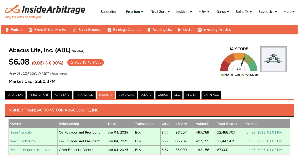 Abacus Life Insider Buying June 2025
