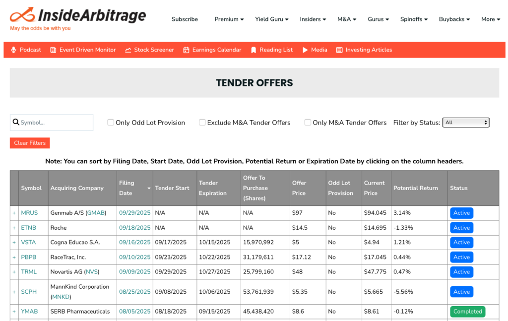 InsideArbitrage Tender Offers Tool