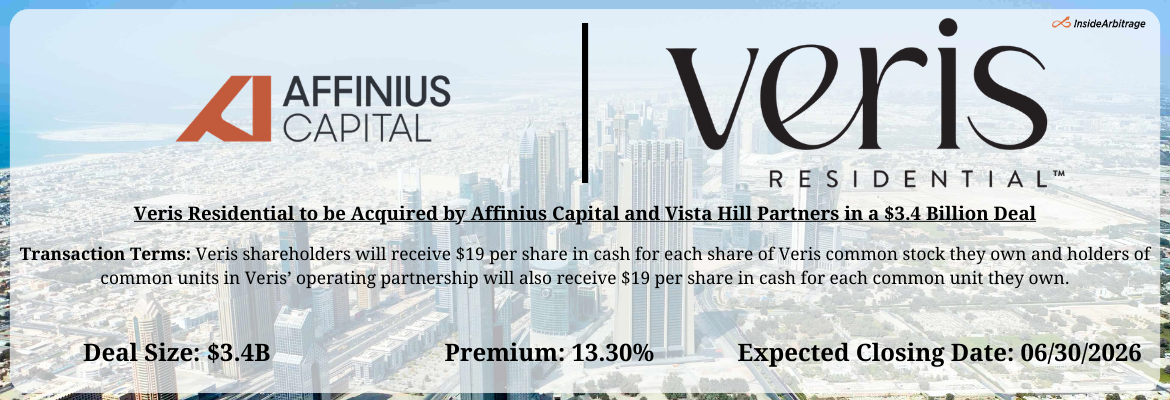 Affinius Capital and Vista Hill Partners - Veris Residential Merger